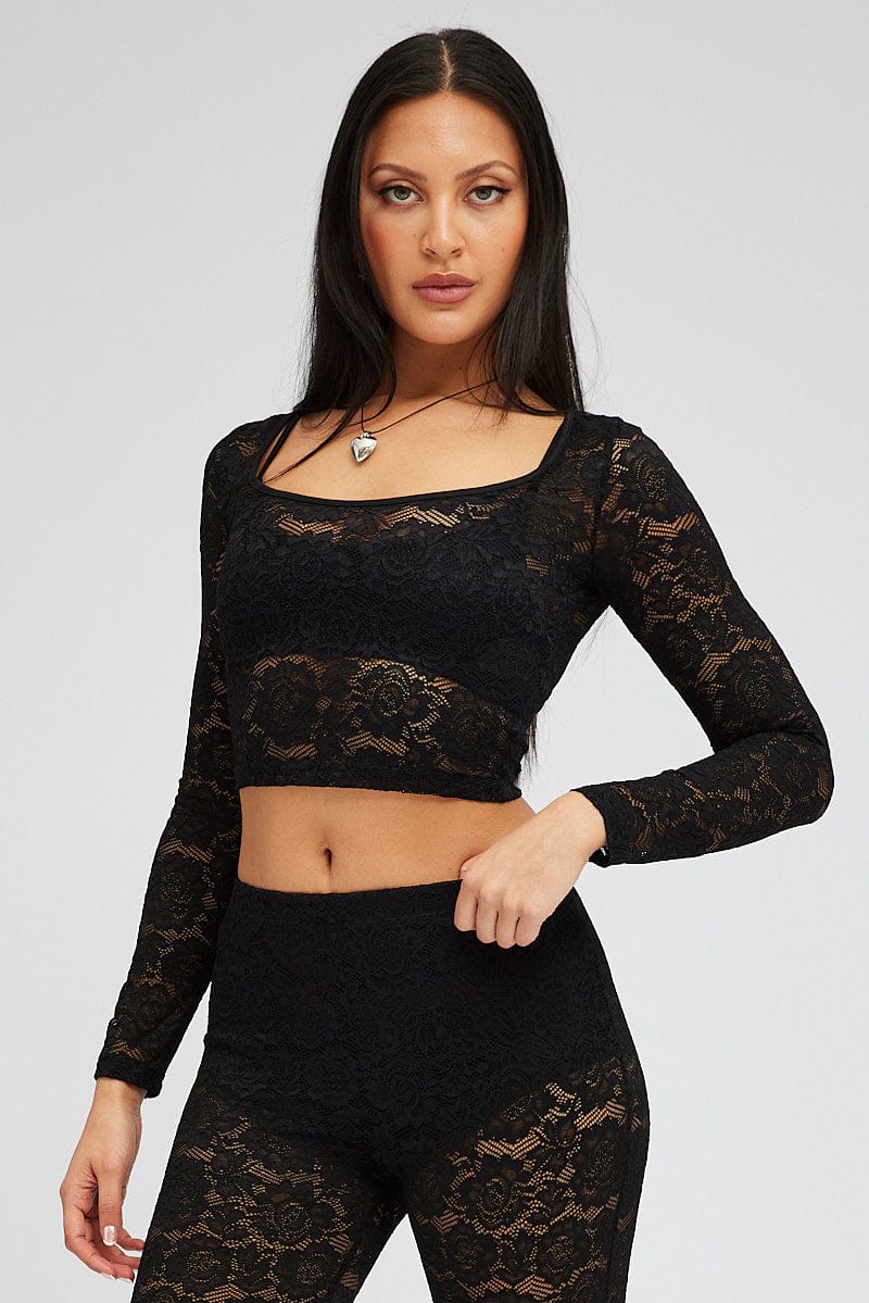 Black Top Long Sleeve Crop Round Neck Lace