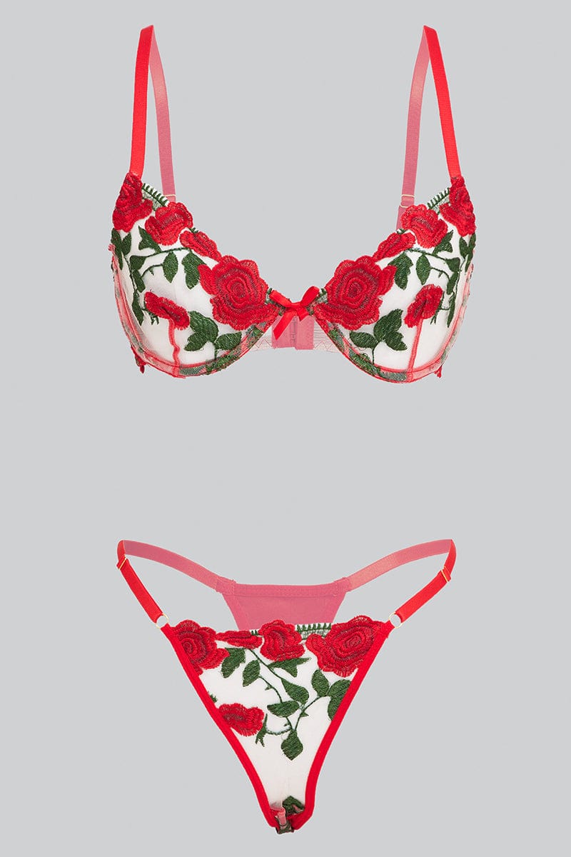 Red Rose Embroidered Trim Lingerie Set