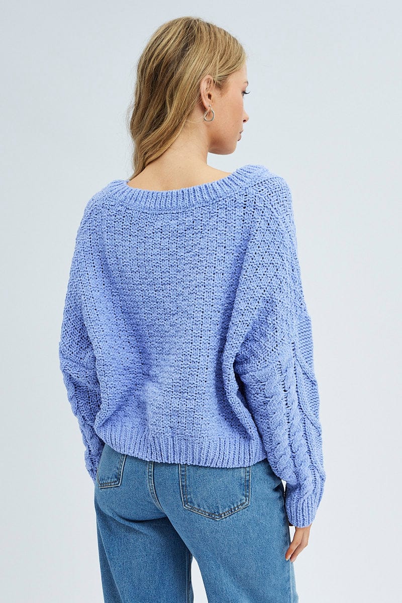 Blue Knit Top Long Sleeve V-Neck Cable