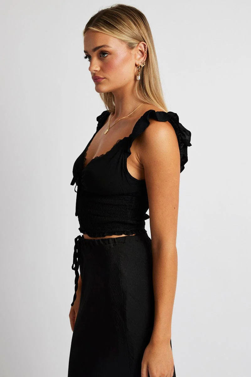 Black Smocked Crop Top Sleeveless