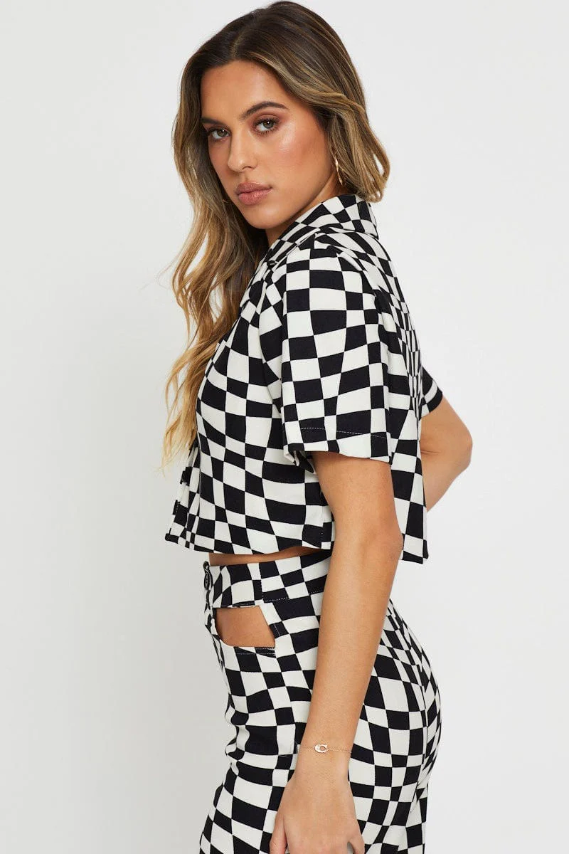 Check Wrap Top Short Sleeve Crop