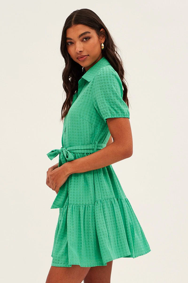 Green Tie Waist Puff Sleeve Mini Dress