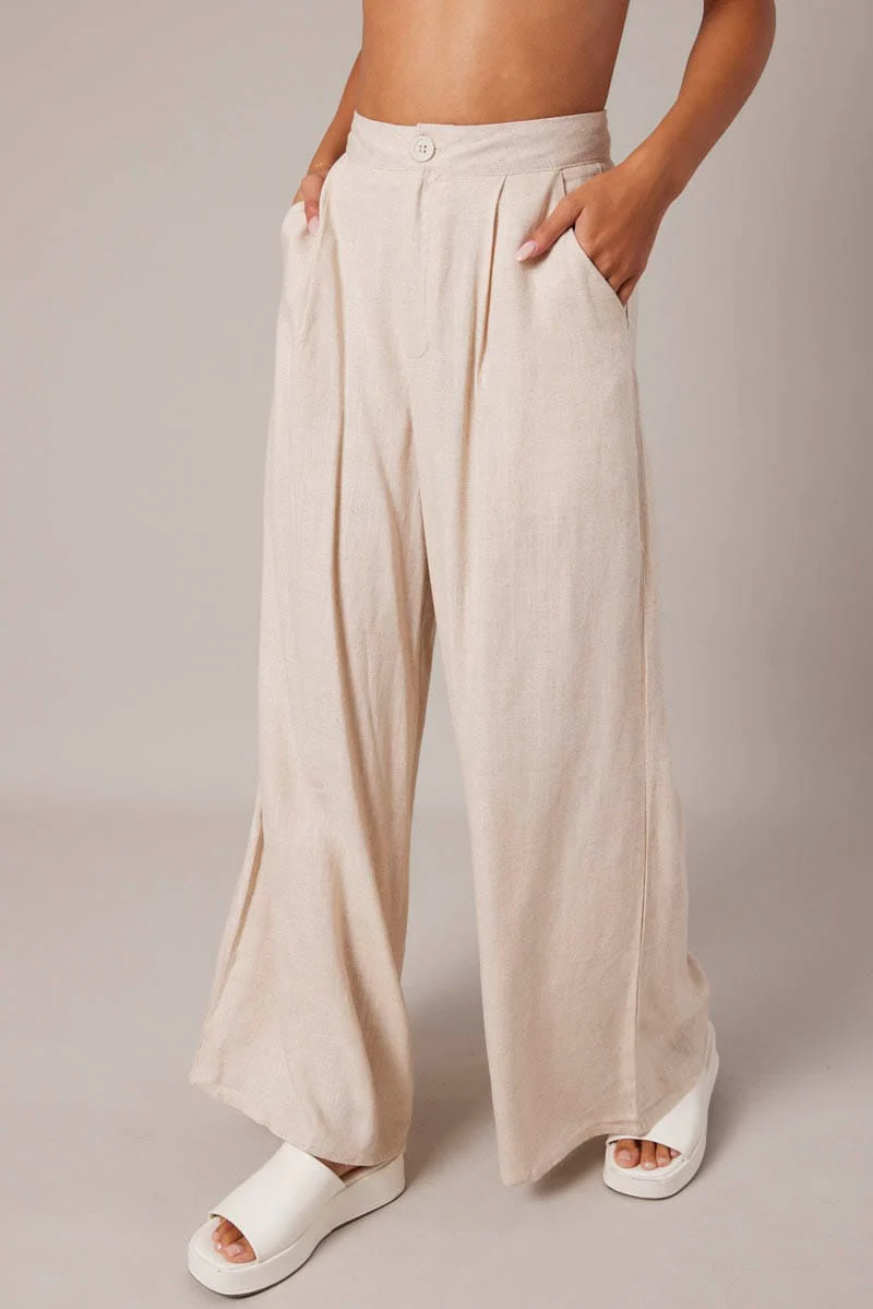 Beige Wide Leg Pants High Rise Linen Blend