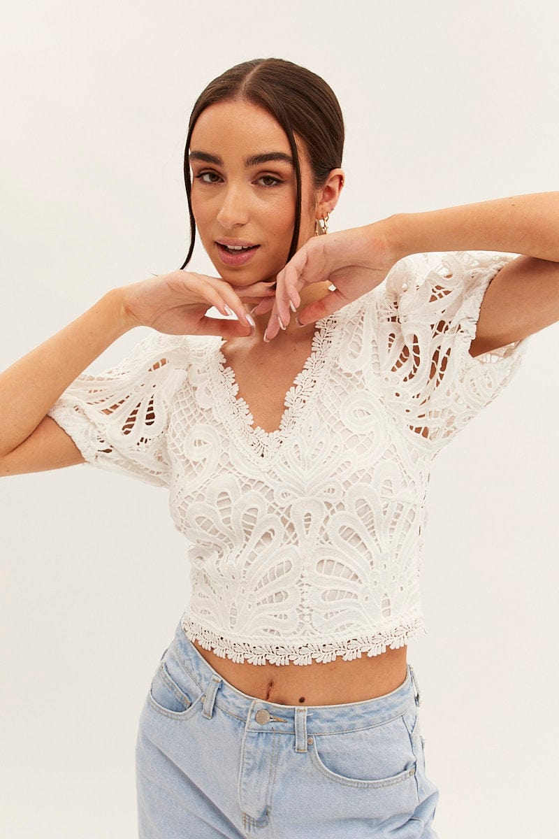 White Lace Top Short Sleeve V Neck Crop