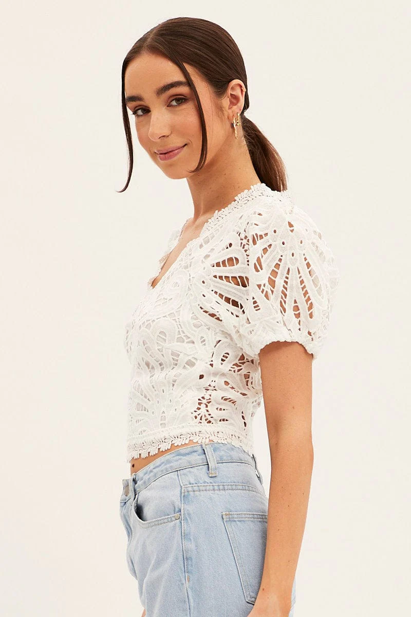 White Lace Top Short Sleeve V Neck Crop