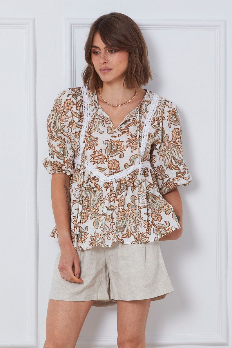 Print Relaxed Top Short Sleeve Oversized Square Neck
