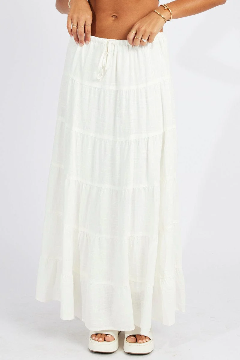 White Maxi Skirt Tiered High Rise Linen Blend