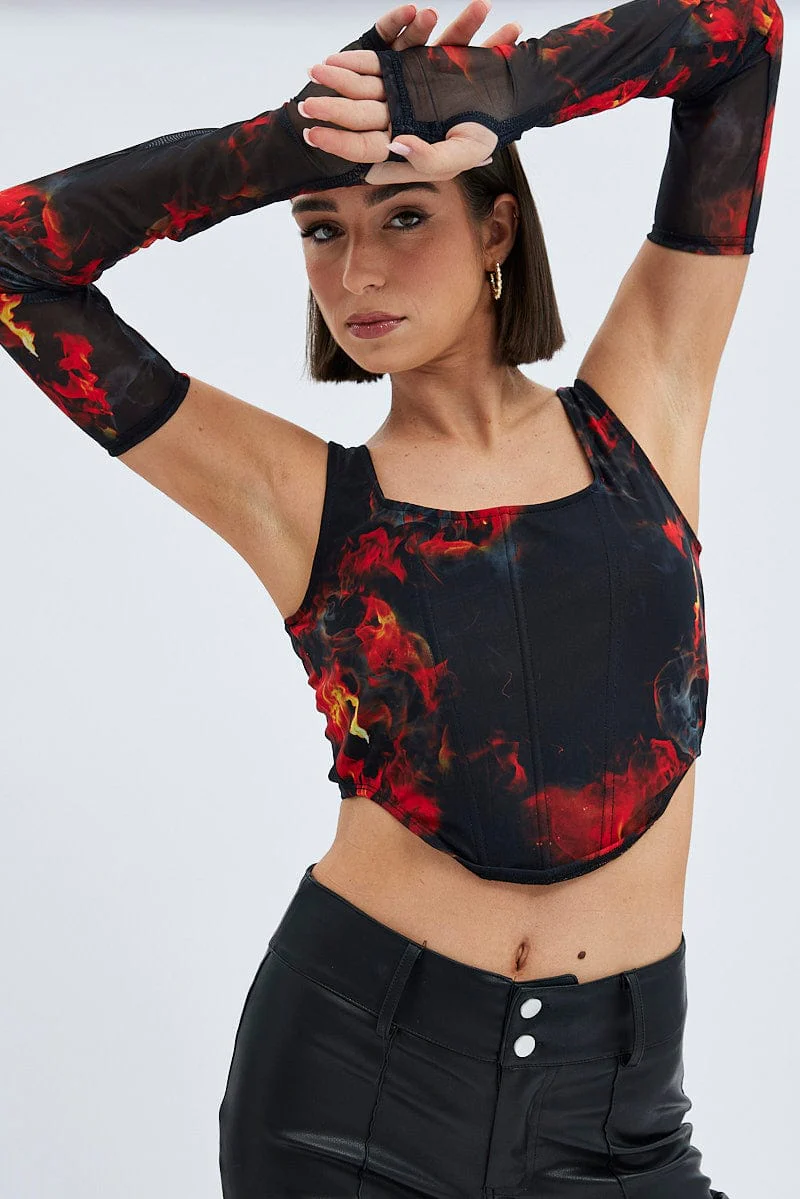 Multi Print Corset & Long Sleeve Set Scoop Neck Semi-Crop Mesh