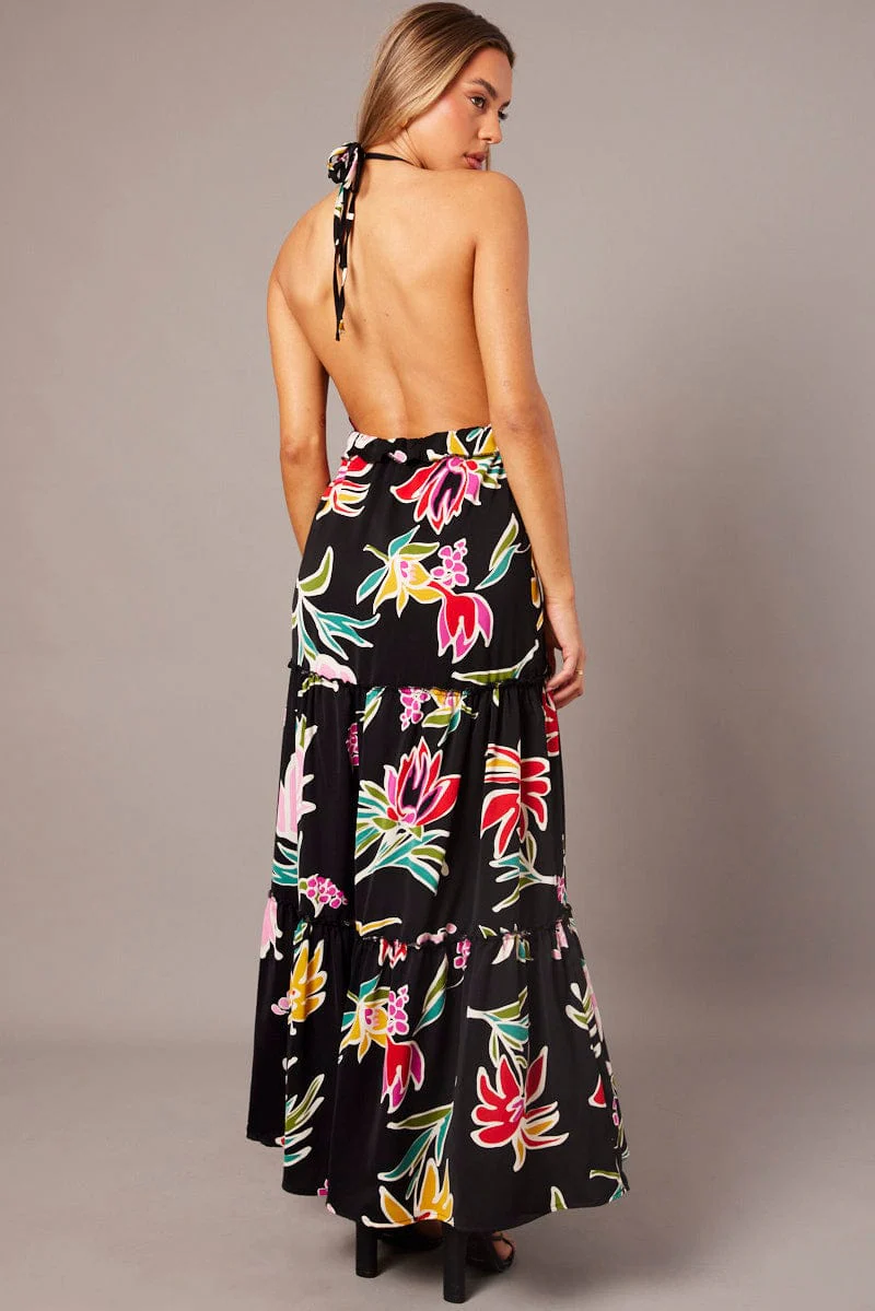 Black Floral Halter Neck Ruffle Tiered Maxi Dress