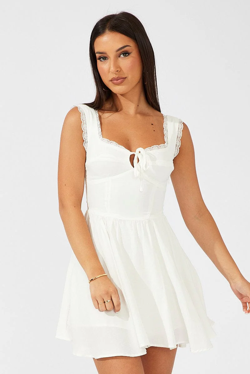 White Fit and Flare Dress Sleeveless Lace Trim