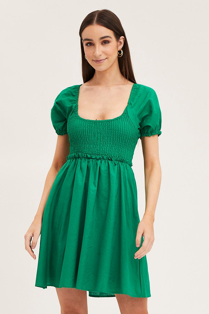 Green Puff Sleeve Linen Shirred Skater Dress