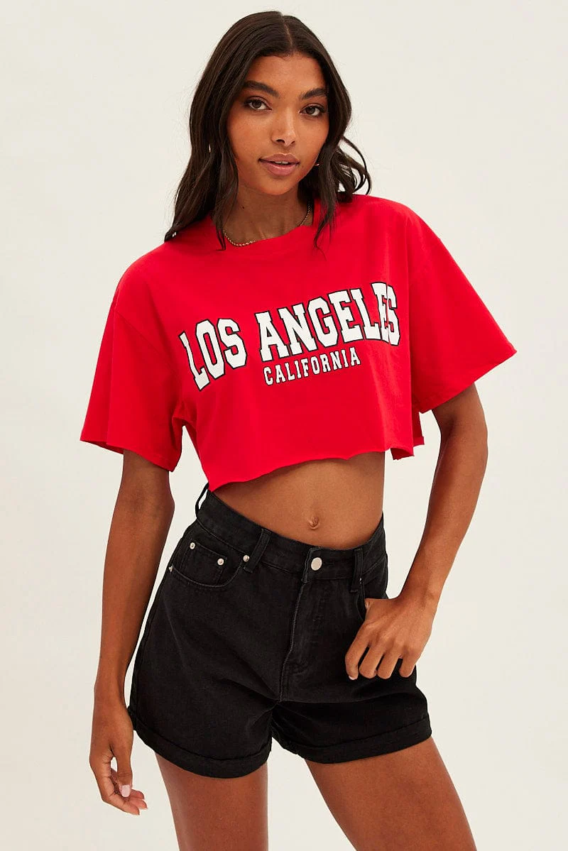 Red Los Angeles Crop Tee Short Sleeve Crew Neck