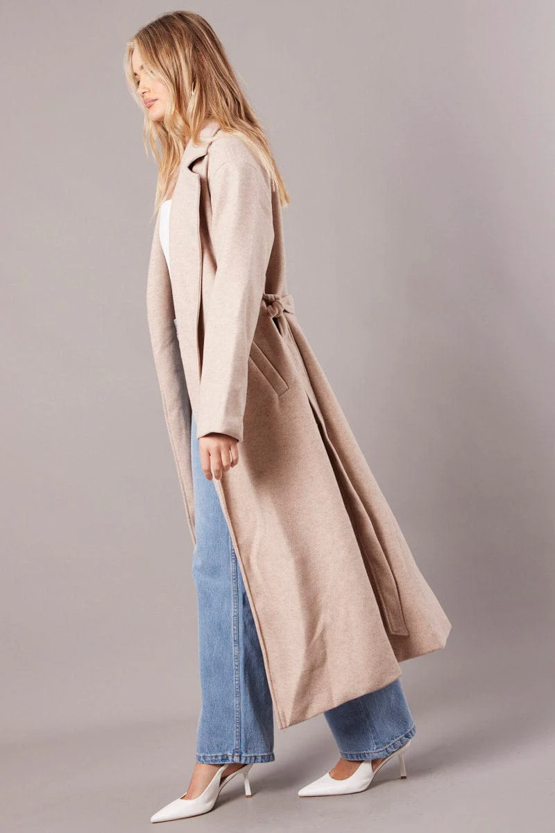 Beige Long Coat Long Sleeve Tie Front