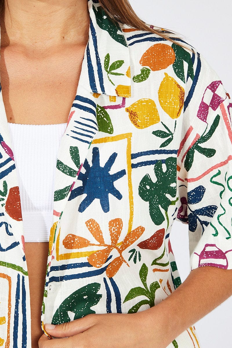 Multi Abstract Shirt Short Sleeve Linen