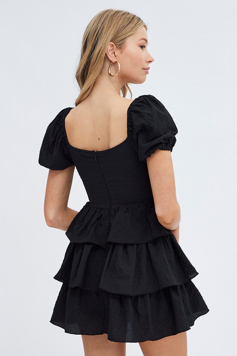 Black Corset Dress Puff Sleeve Tiered Bustier Dress