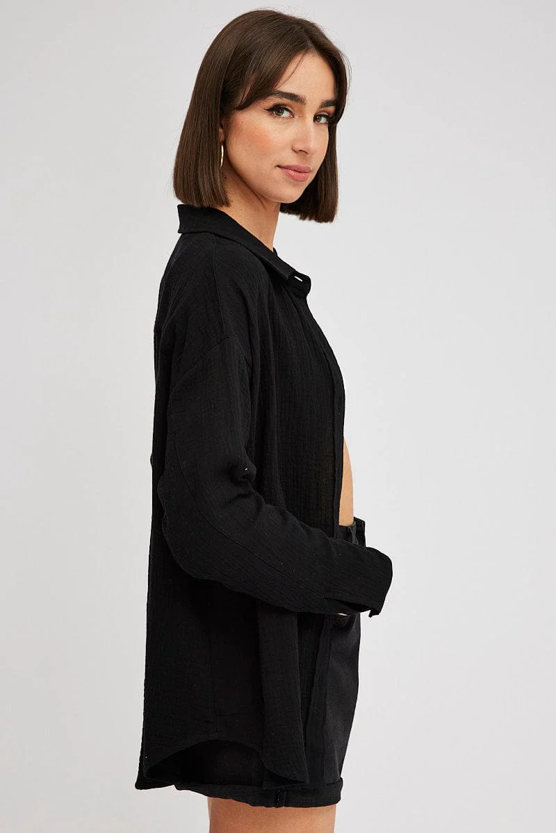 Black Oversized Shirt Long sleeve Collared Neck