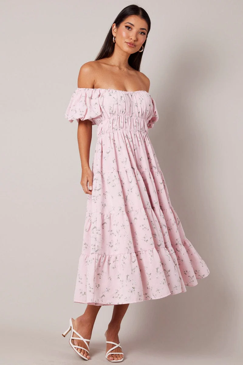 Pink Floral Midi Dress Puff Sleeve Gathered Bust