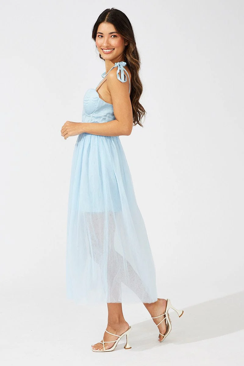 Blue Midi Dress Tulle Corset Detail Occasion Dress