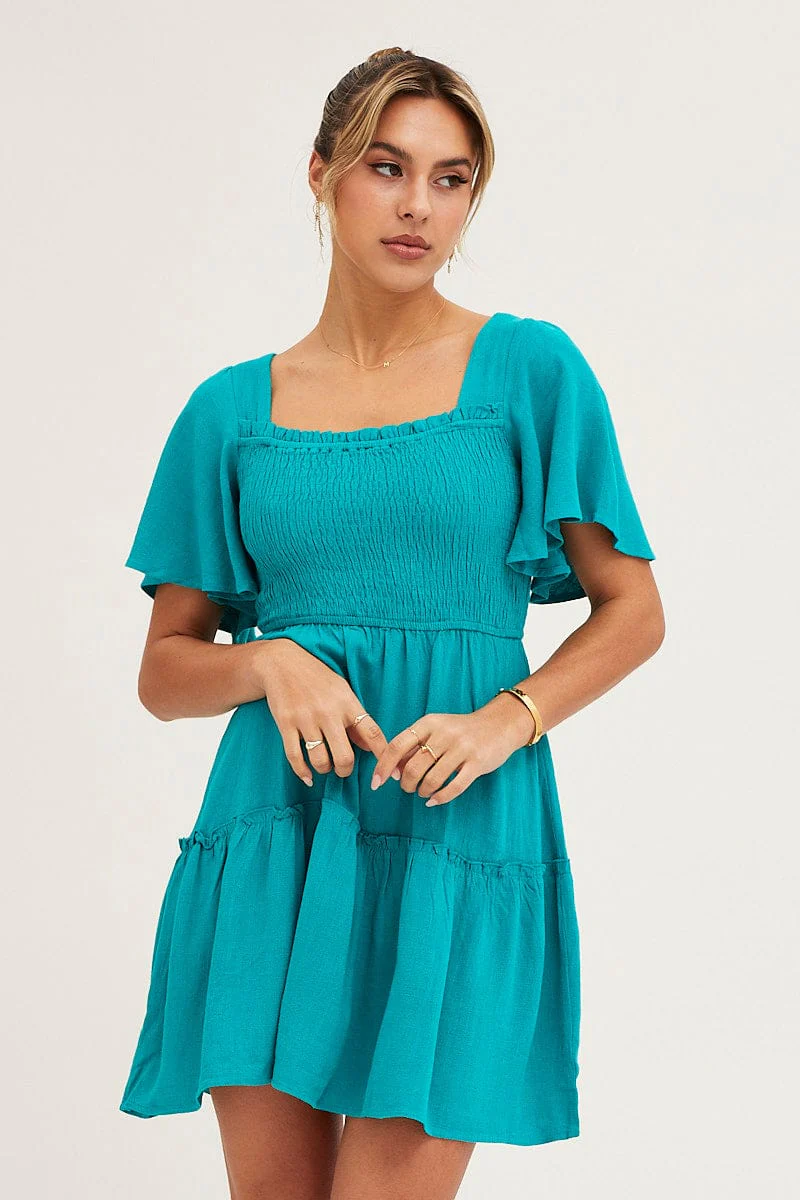Green Shirred Bust Skater Dress