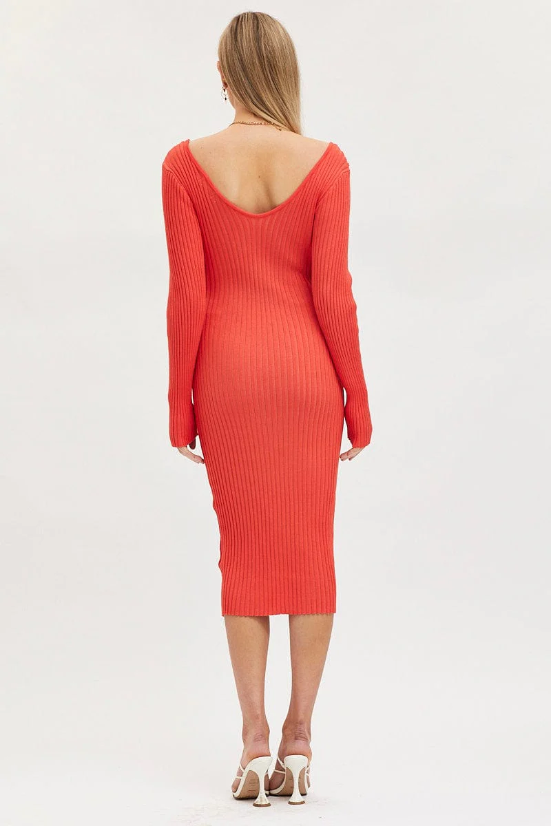 Orange Knit Dress Evening Midi