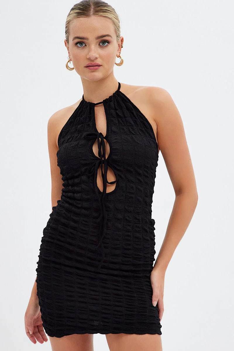 Black Textured Mini Dress Backless