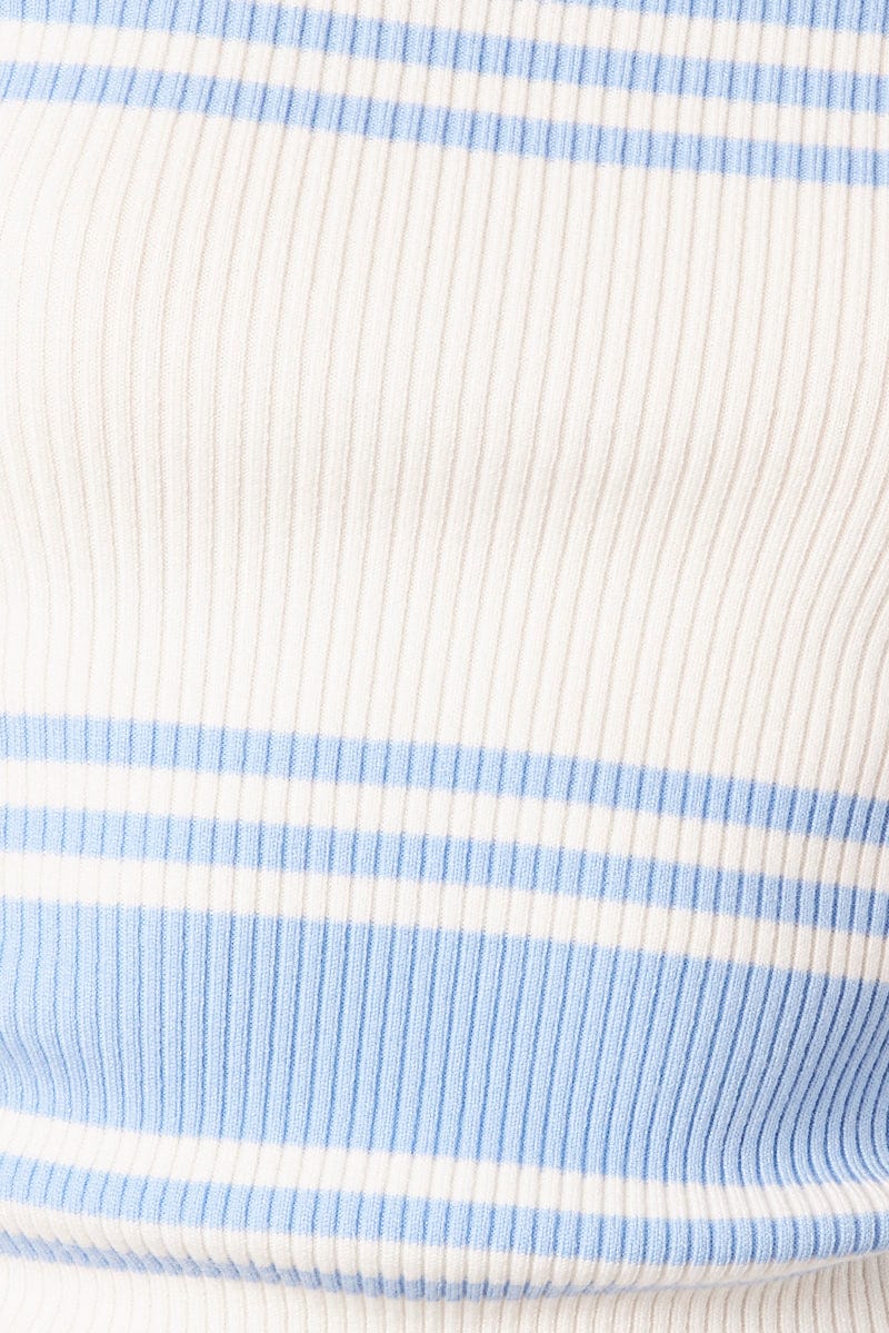 Blue Stripe Knit Top Long Sleeve High Neck