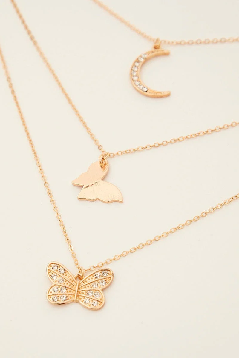 Gold Butterfly And Moon Pendent Layered Necklace