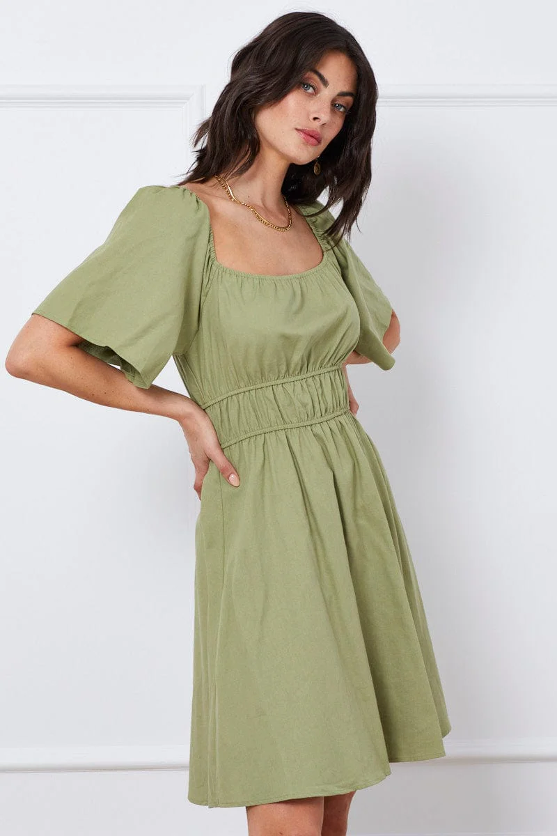 Green Mini Dress Short Sleeve Square Neck