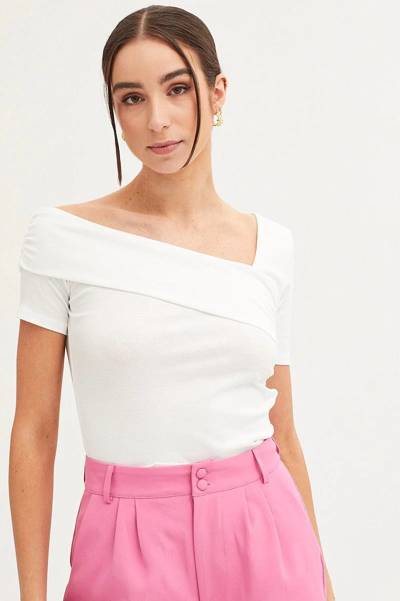 White Top Short Sleeve Asymmetric Neckline Cotton Jersey