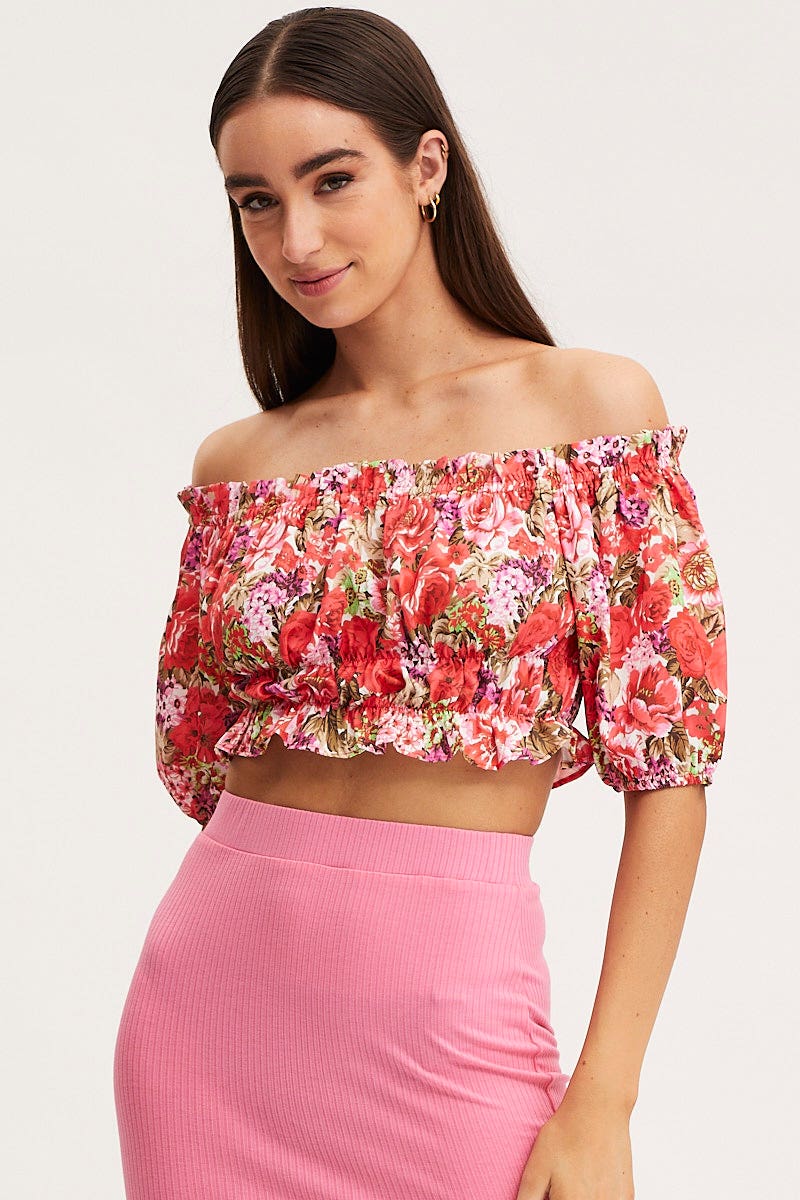 Print Crop Top Off Shoulder