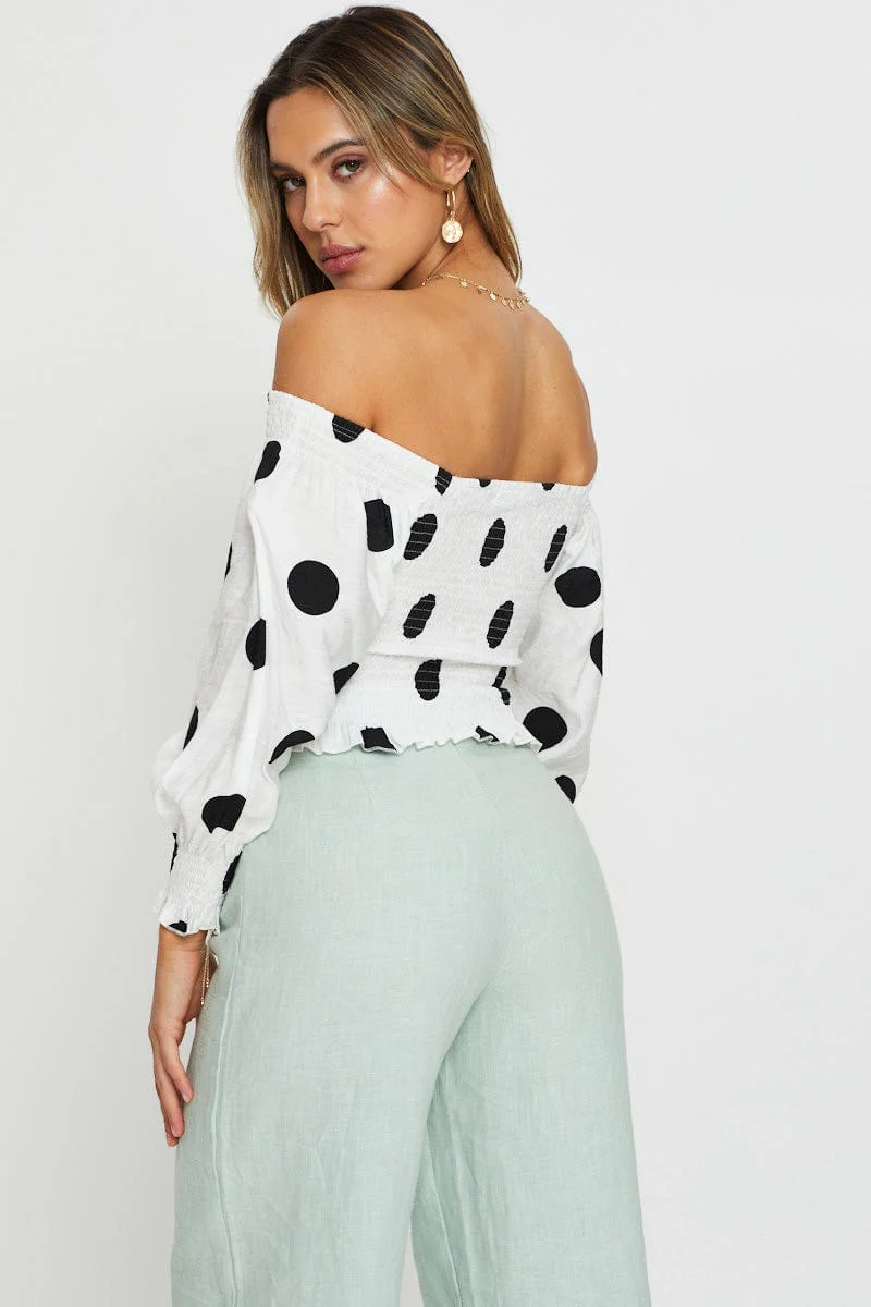 Polka Dot Crop Top Long Sleeve Off Shoulder