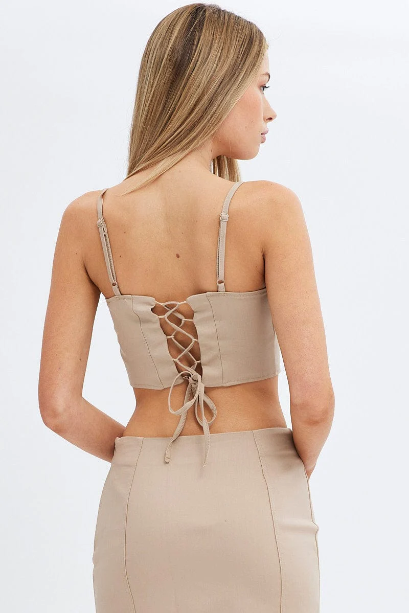 Beige Lace Up Back Top Singlet