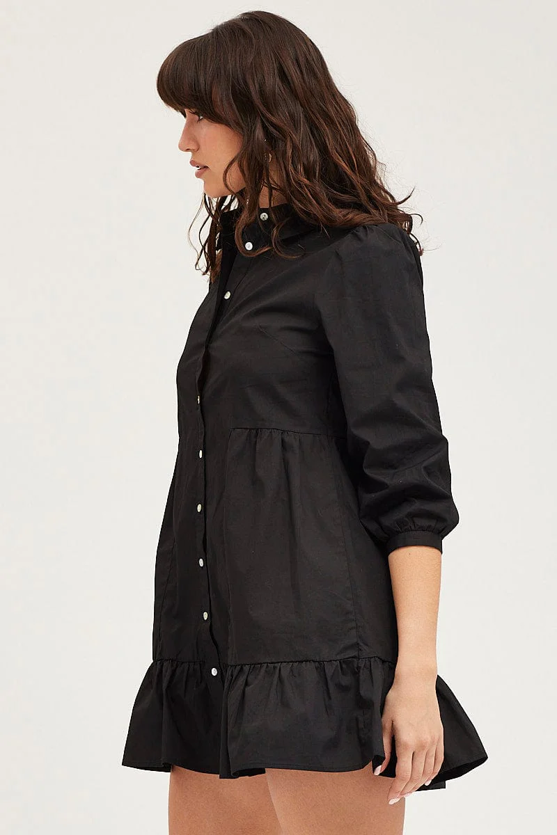 Black Shirt Dress Long Sleeve Mini High Neck