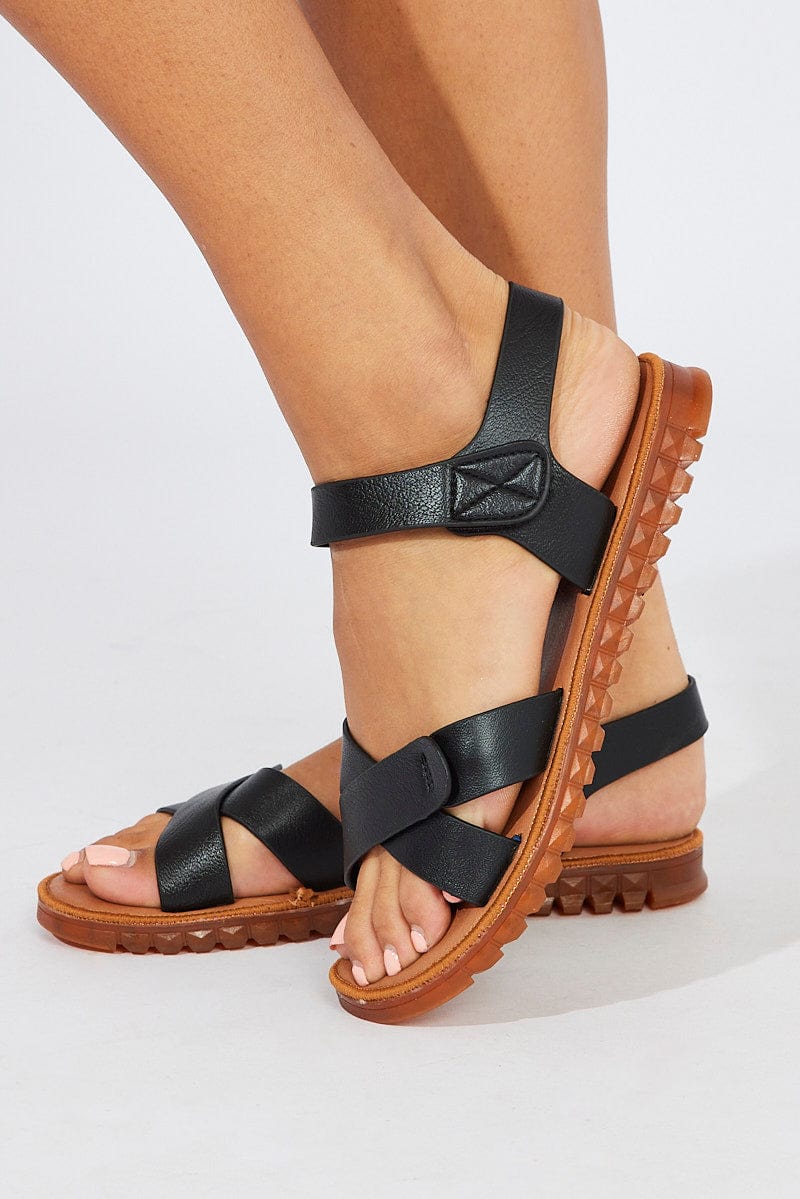Black Cross Strap Flat Sandals