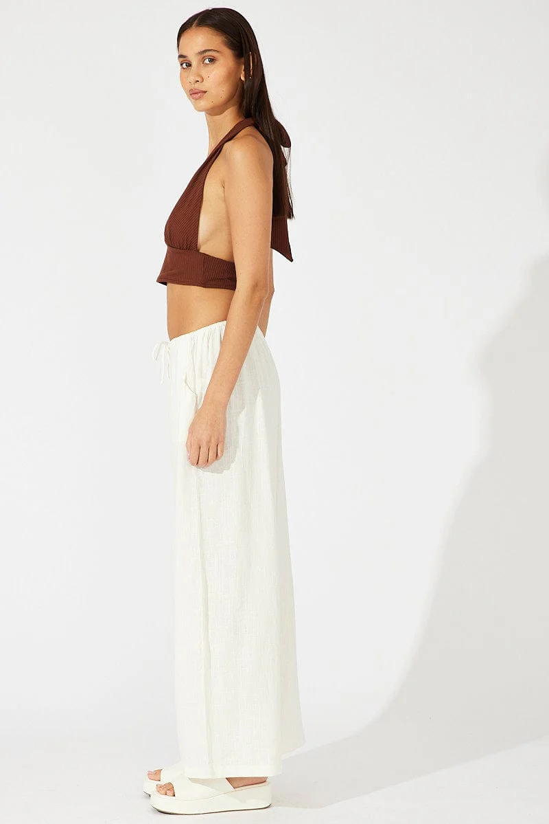 White Wide Leg Pants Low Rise Linen Blend