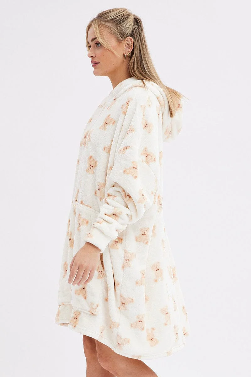 Print Teddy Bear Fluffy Cosy Blanket Hoodie PJ