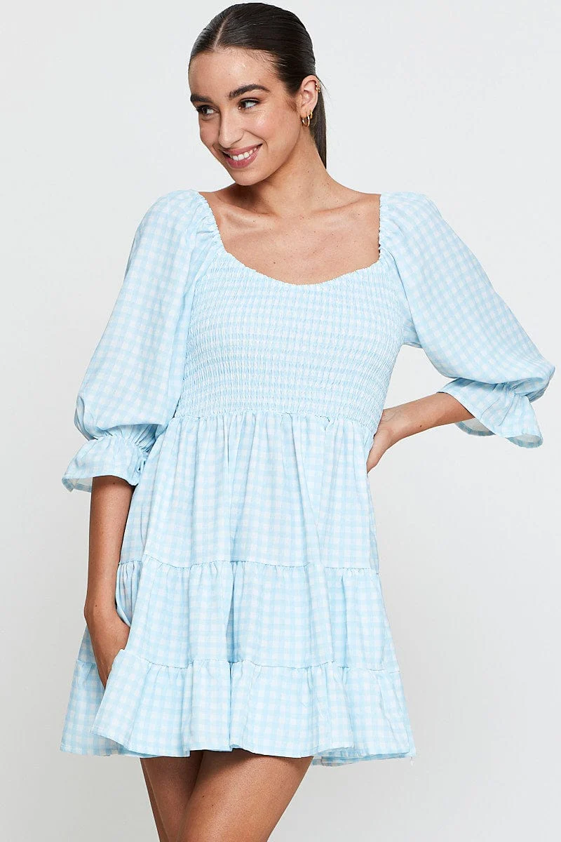 Check Fit And Flare Dress Long Sleeve Sweetheart Neck