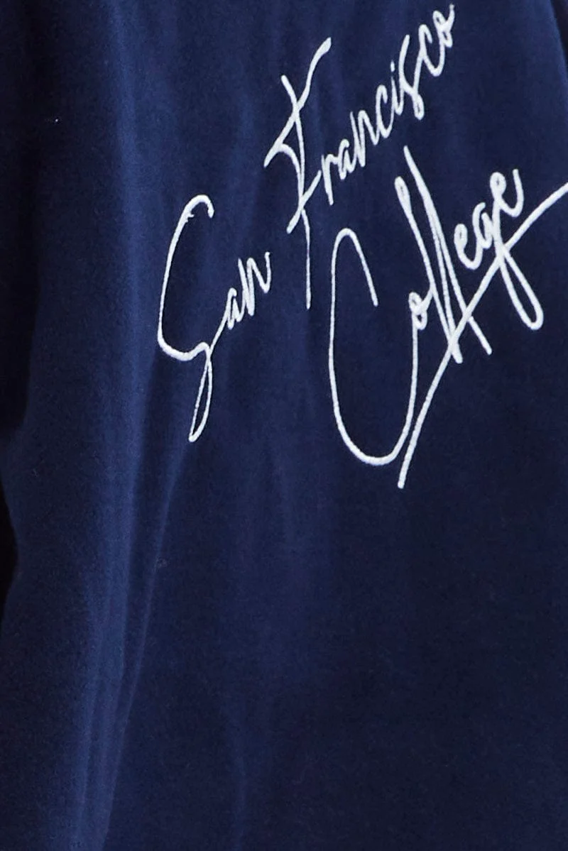 Blue Varsity Jacket Long Sleeves Embroidery Details