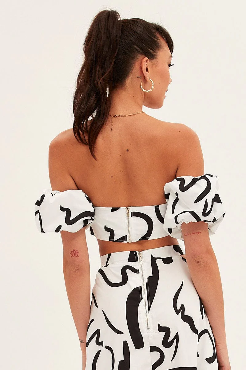 White Abstract Abstract Off Shoulder Crop Top