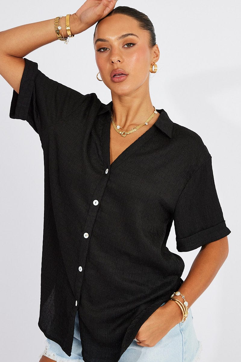 Black Textured Shirt Short Sleeve