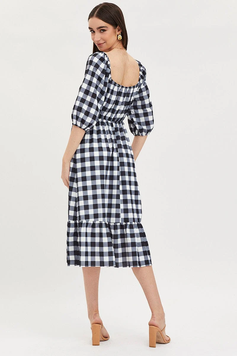 Check Midi Dress Puff Sleeve