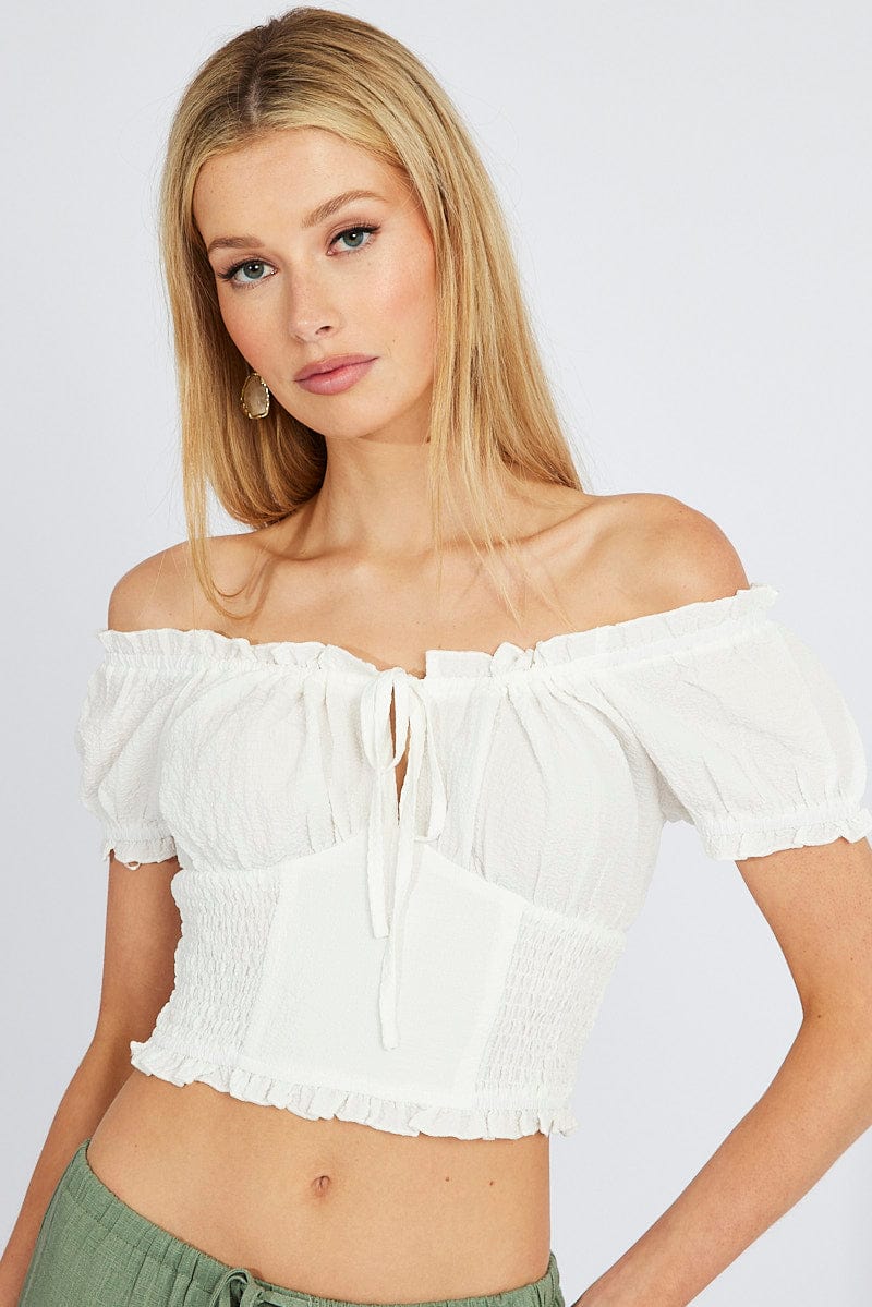 White Ruched Top Short Sleeve