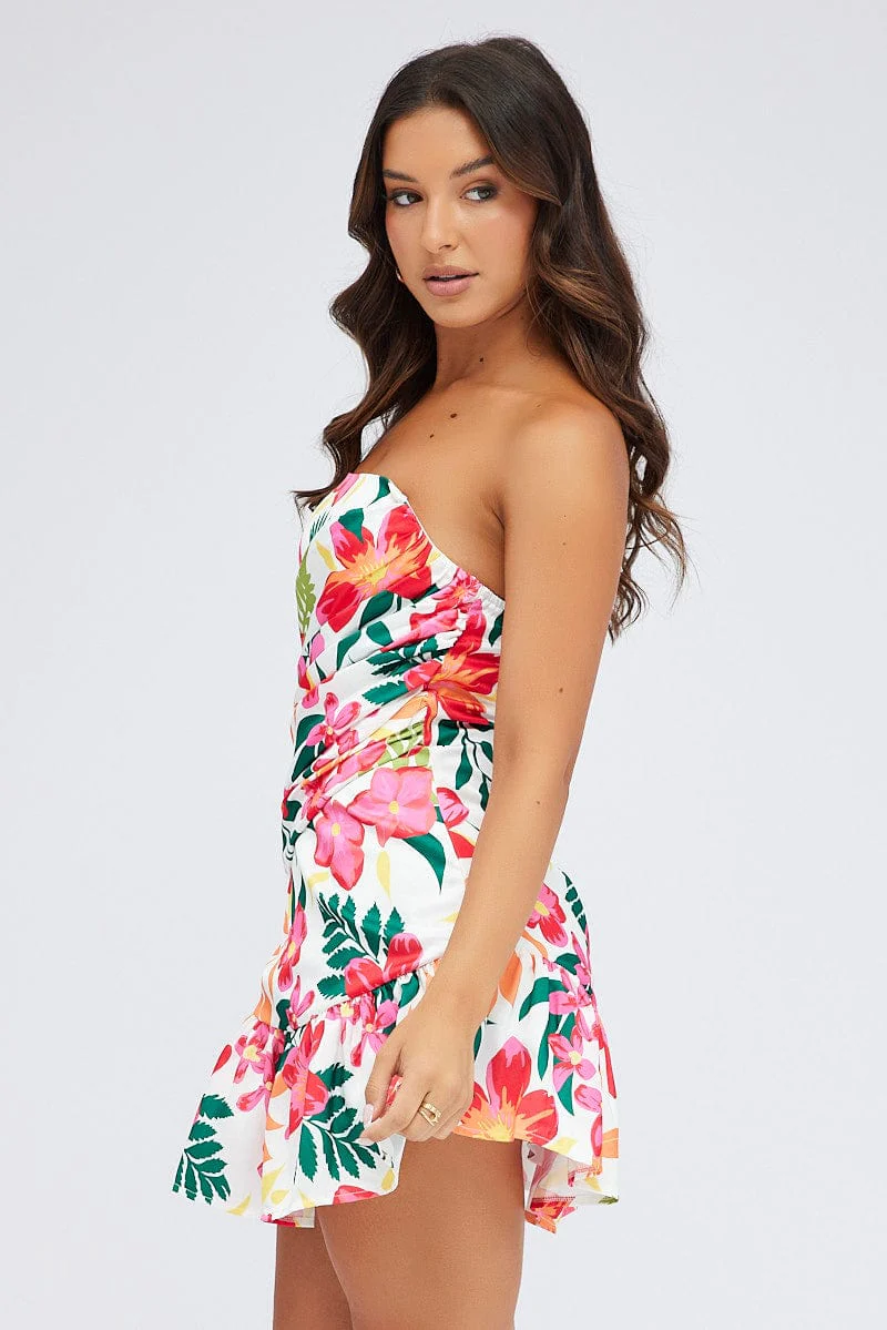 Multi Floral Ruched Dress Strapless Bandeau Ruffle Mini