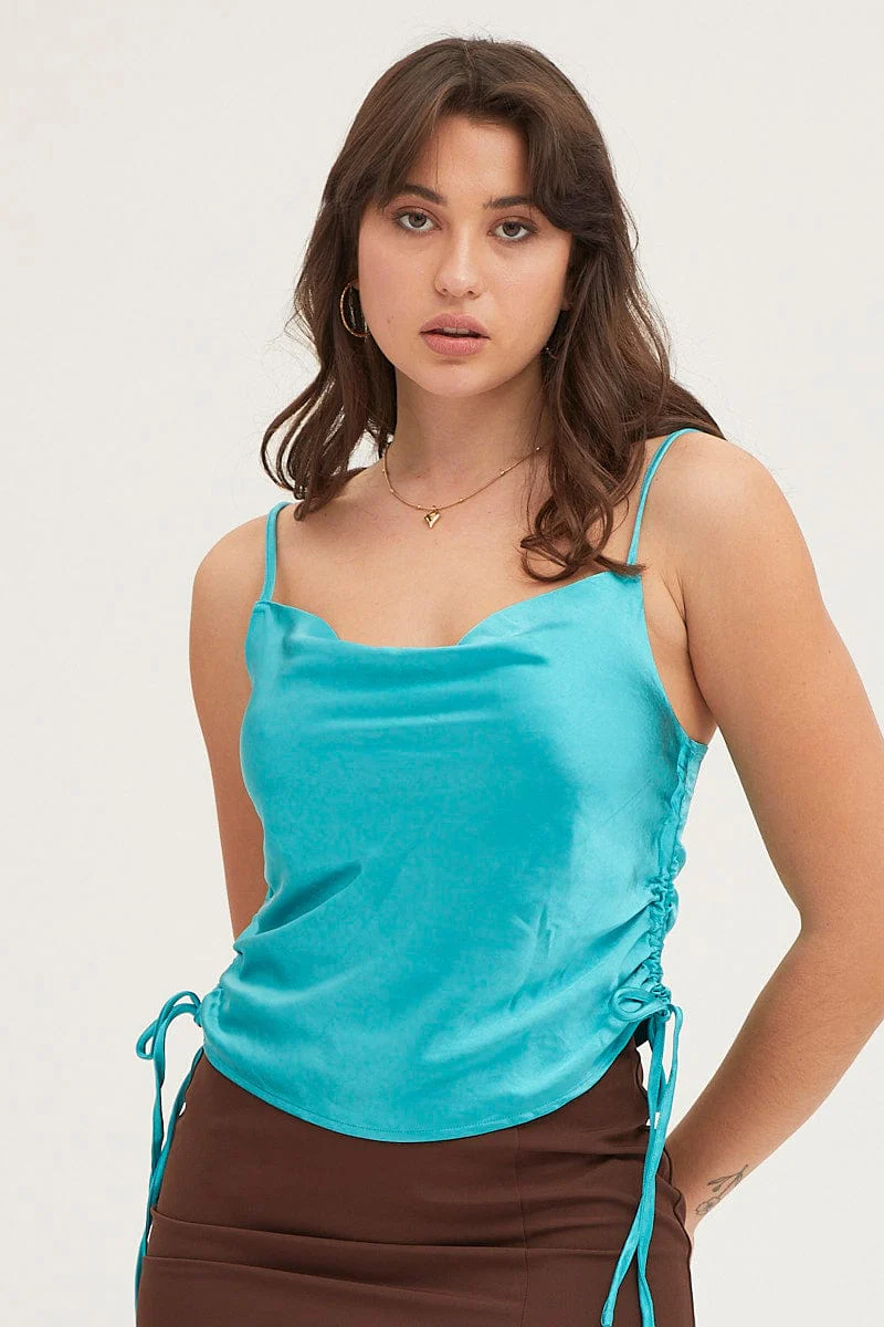 Blue Cami Top Sleeveless Cowl Neck Satin