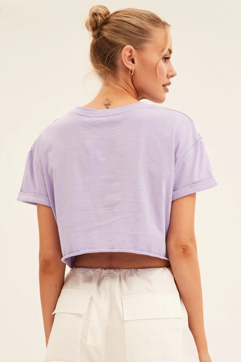 Purple Graphic T Shirt Short Sleeve Round Neck Crop