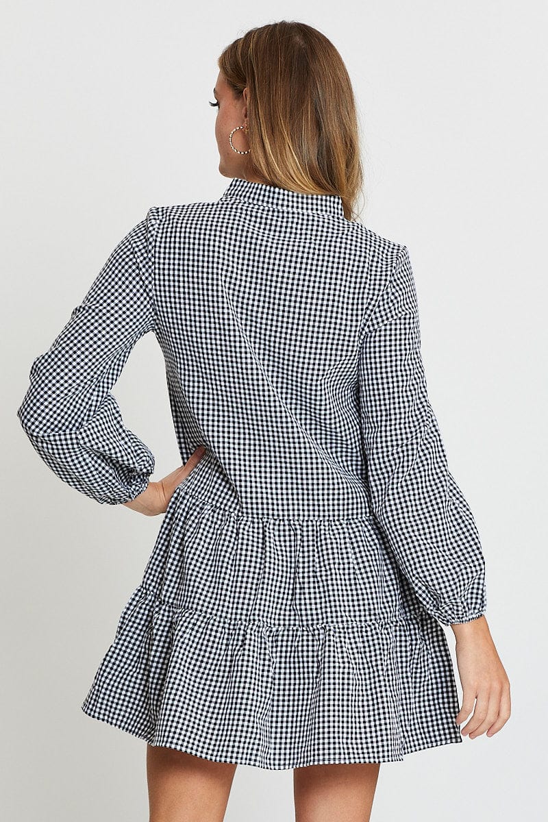 Check Shirt Dress Long Sleeve V Neck