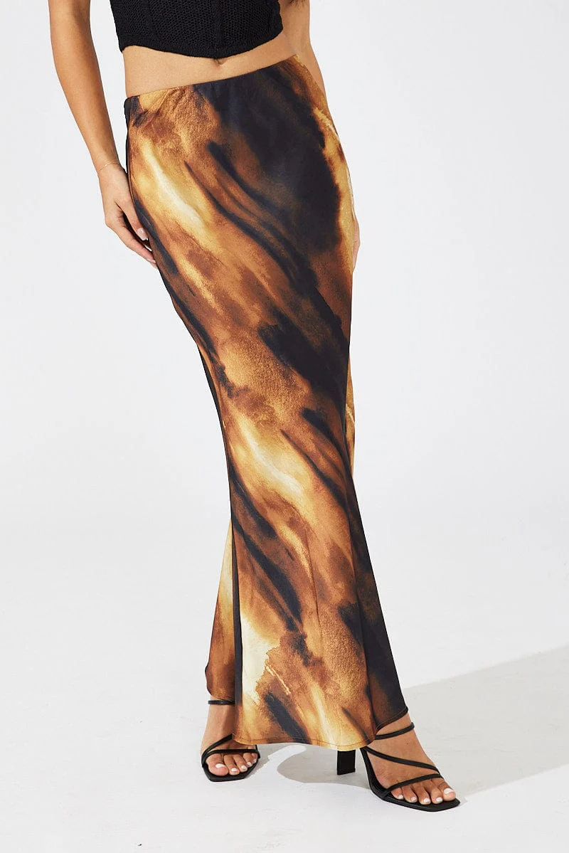 Brown Abstract Slip Skirt Maxi Satin
