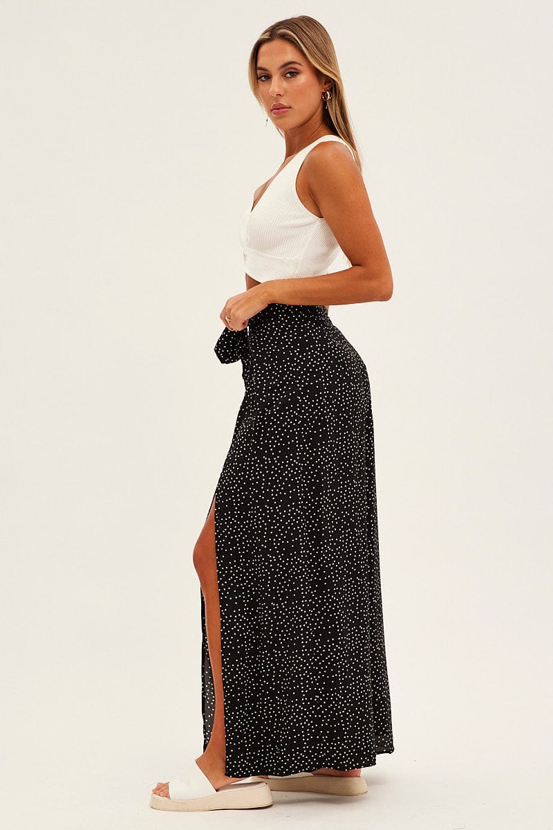 Black Polka Dot Wide Leg Pants High Rise Waist Tie