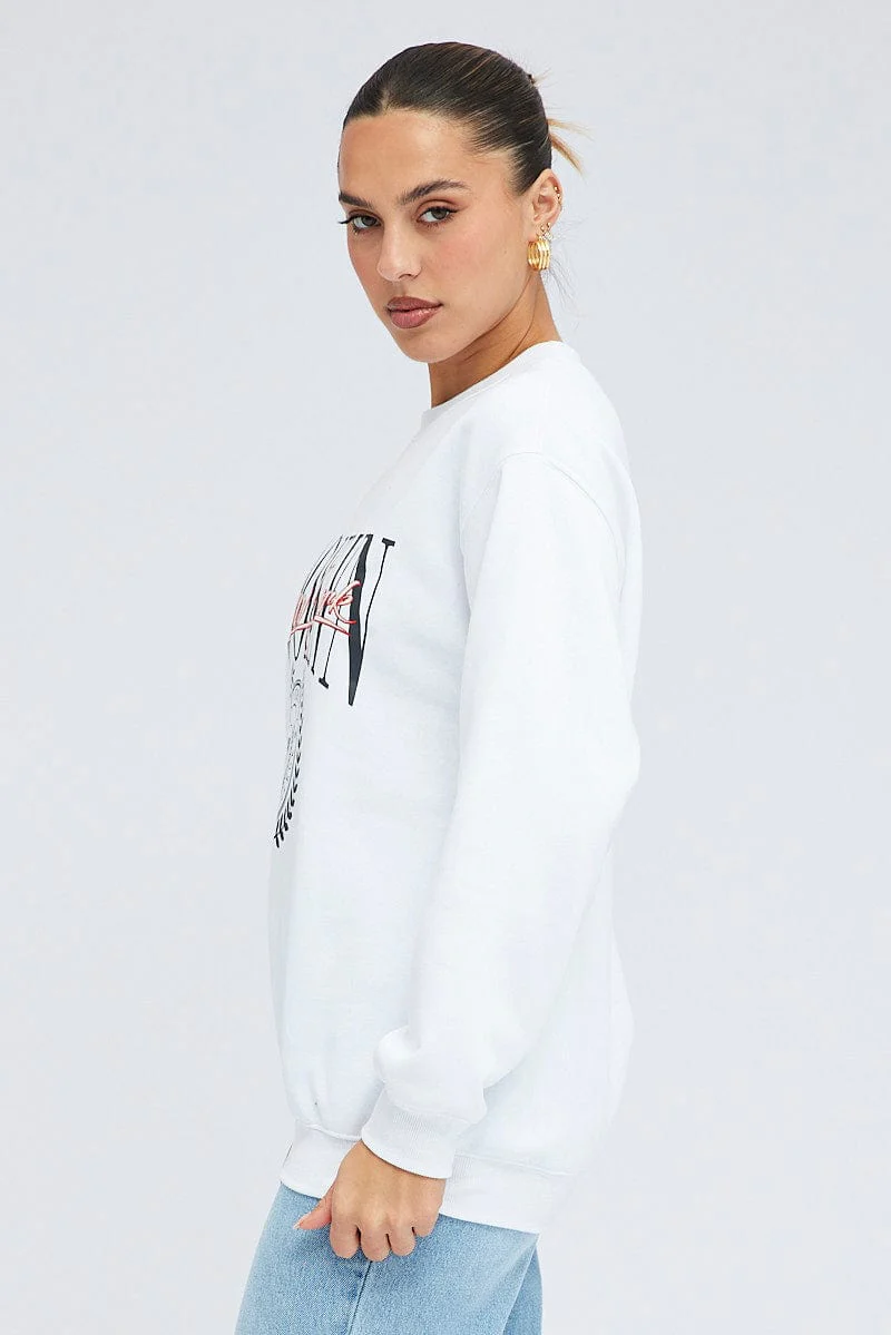 White Sweat Shirt Long Sleeve Crew Neck Brooklyn