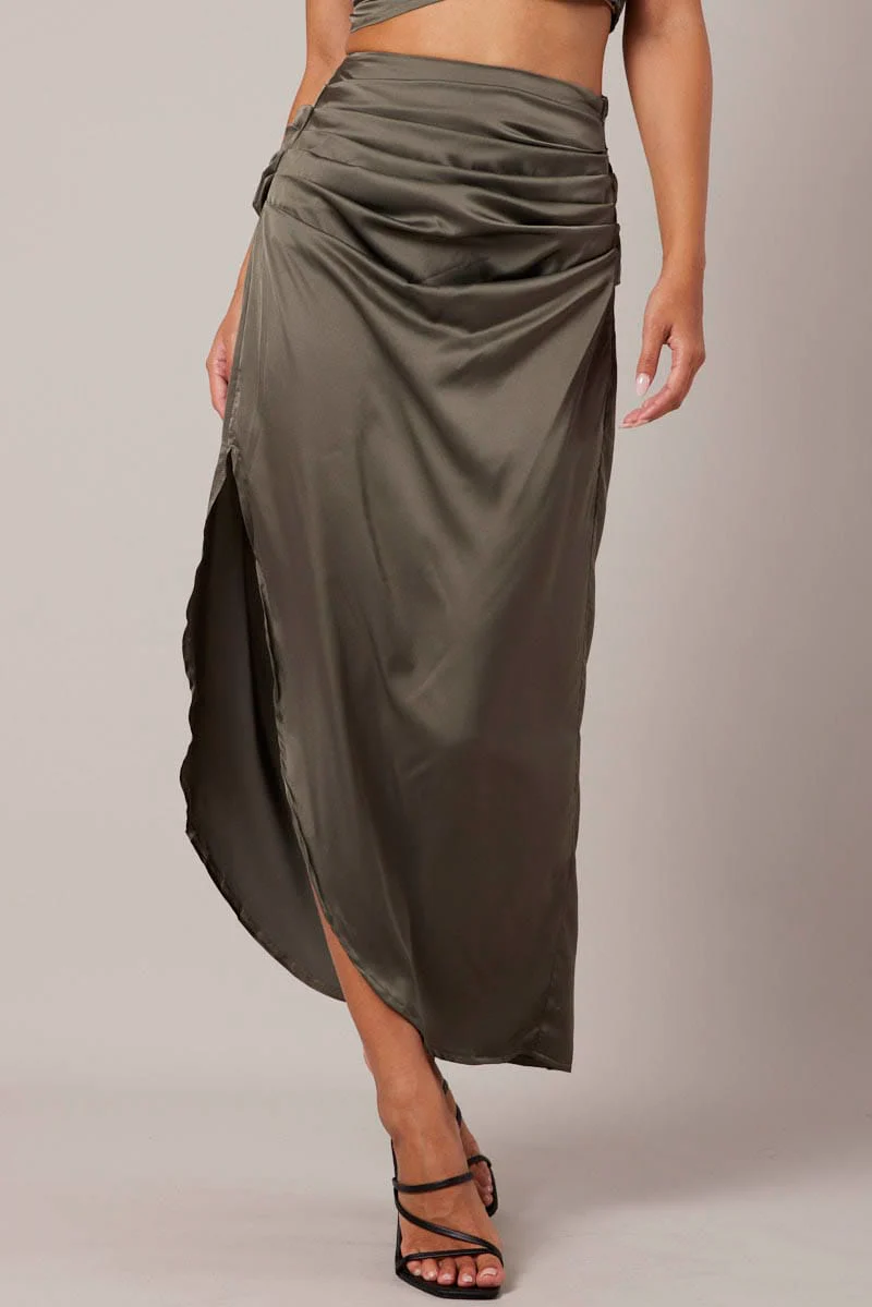 Green Ruched Maxi Skirt Draped Satin Skirt